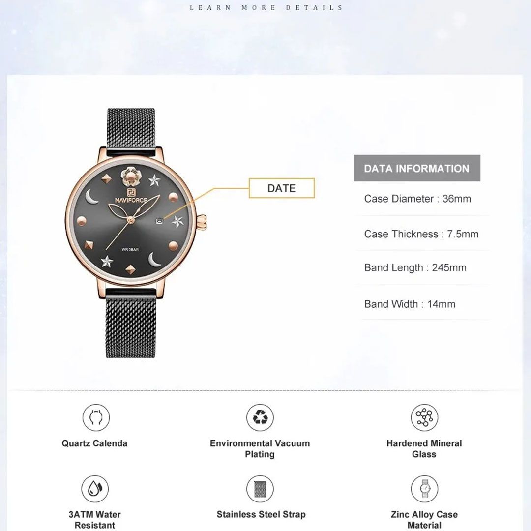 مشخصات فنی ساعت زنانه نیوی فورس مدل 5008 رنگ مشکی
